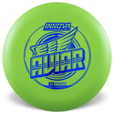 Green disc golf putter with Aviar branding on a white background