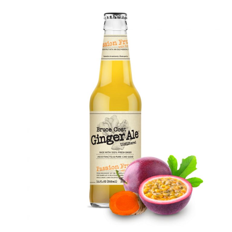 Bottle of Bruce Cost Ginger Ale with passion fruit on a white background