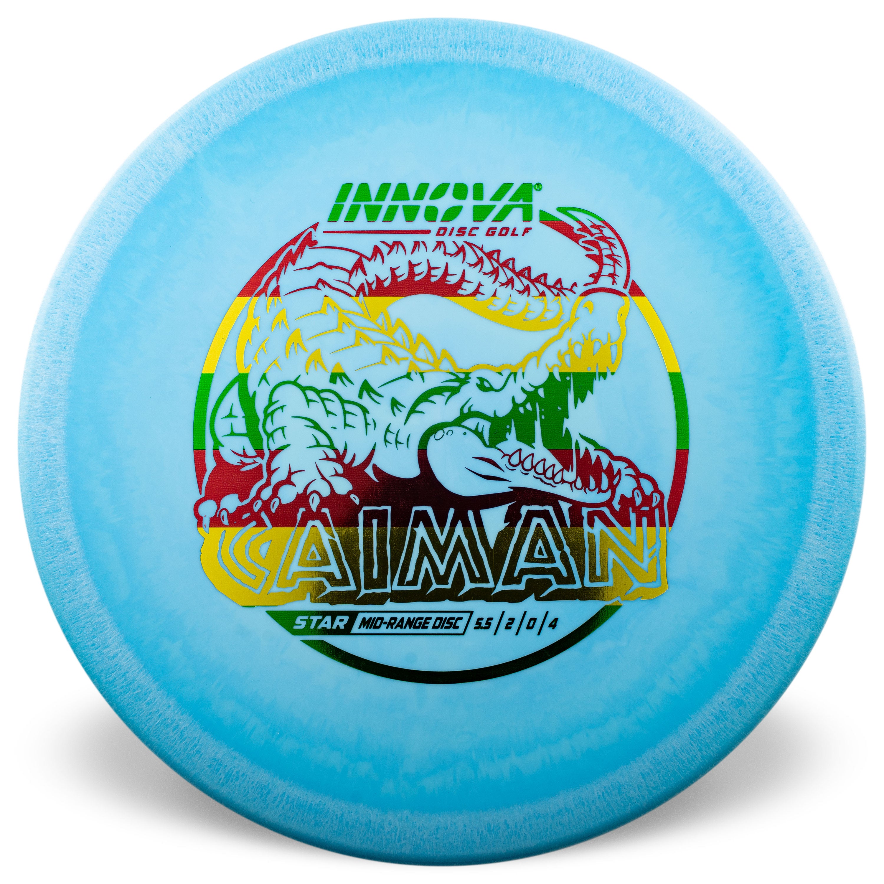 Blue "Caiman" disc golf disc with branding of a picture with rainbow coloring of a Caiman 'alligator' by innova disc golf