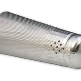 Metallic cylindrical object with textured surface on a white background