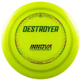 Yellow disc golf disc with 'Destroyer' and 'Innova' branding on a transparent background