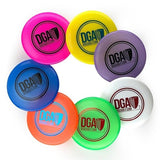 Set of colorful DGA disc golf discs on a white background