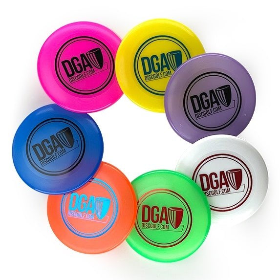 Set of colorful DGA disc golf discs on a white background