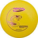 Yellow disc golf disc with snake design and 'Innova Disc Golf' branding on a white background