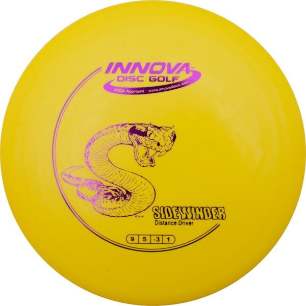 Yellow disc golf disc with snake design and 'Innova Disc Golf' branding on a white background
