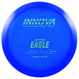 Blue disc golf disc with Innova branding on a transparent background