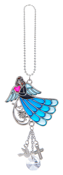 Decorative angel ornament with blue wings and pink heart on a white background