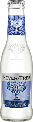 Fever-Tree Club Soda bottle with blue label on a white background