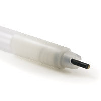 Clear plastic tube with a black tip on a white background