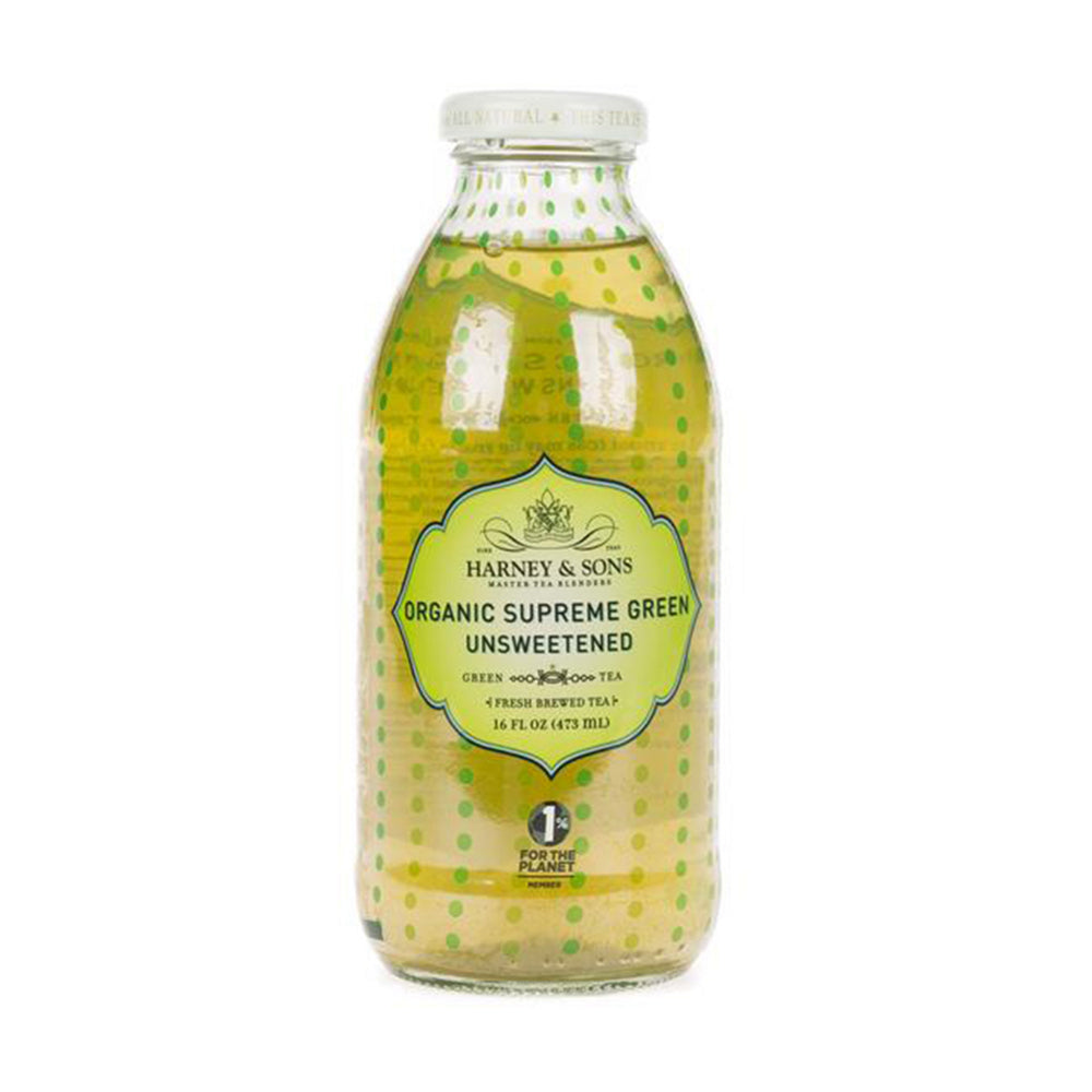 Bottle of Harney & Sons Organic Supreme Green Unsweetened tea on a white background