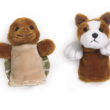 Set of four plush animal finger puppets on a white background