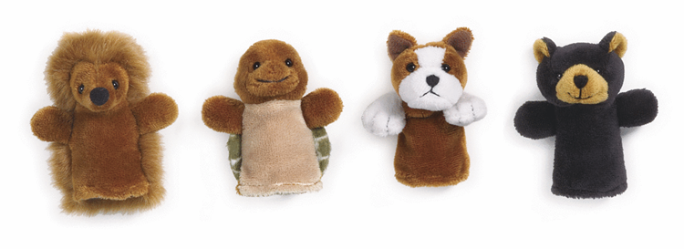 Set of four plush animal finger puppets on a white background