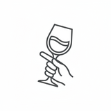 Line drawing of a hand holding a wine glass with a small amount of wine.