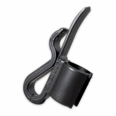 Black plastic clip for a bucket on a white background