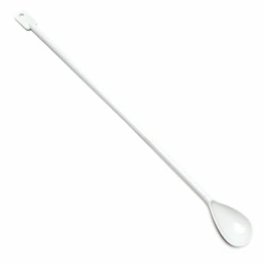 White plastic spoon with a paddle on one end on a white background