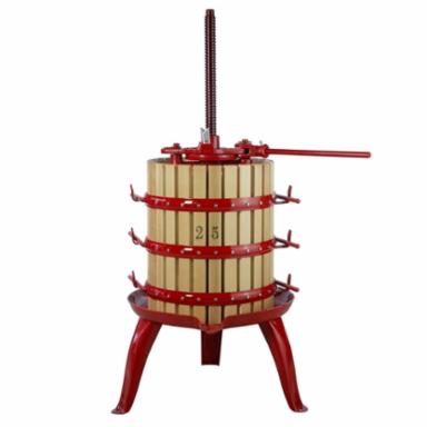 Wooden fruit press with red metal frame on a white background