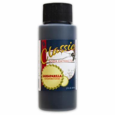 Bottle of Classic Sarsaparilla soda extract on a white background