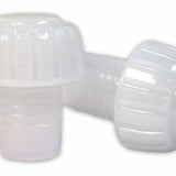 Two white plastic Champagne corks on a white background