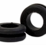 Two black rubber grommets on a white background