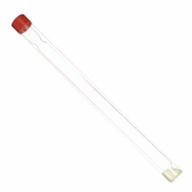 Long glass rod in a tube with a red cap on a white background