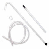White plastic racking canes with coiled clear tubing on a white background