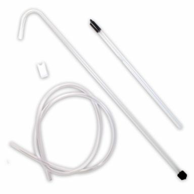 White plastic racking canes with coiled clear tubing on a white background