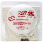 Packaged filter pads with a red label on a white background