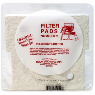 Packaged filter pads with a red label on a white background