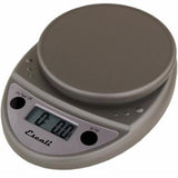 Digital kitchen scale with a gray platform and digital display on a white background