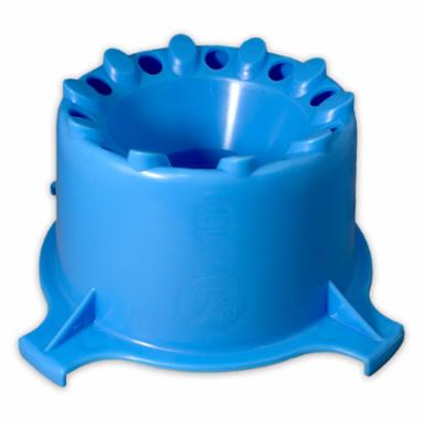 Blue plastic carboy dryer (blue plastic stand with hole in middle to form a funnel) on a white background