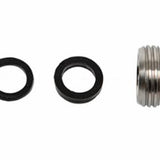 Set of metal washer, O-ring, and metal fitting on a white background