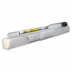 Glass hydrometer with a multicolored label on a white box with a back ground of white