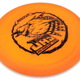 Orange "Jay" disc with black image of a bird with branding on a white background