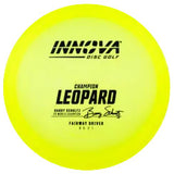 Yellow disc golf disc with Innova and Leopard branding on a transparent background