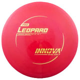 Red disc golf disc with 'Leopard' and 'Innova' branding on a transparent background