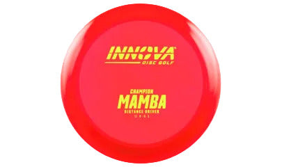 Red disc golf disc with Innova and Champion Mamba branding on a transparent background