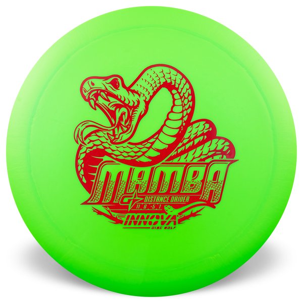Green disc golf disc with red snake design and 'Mamba' branding on a white background