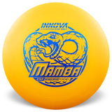 Yellow disc golf disc with blue 'Innova' and 'Mamba' branding on a white background
