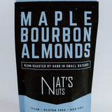 Packaging of Maple Bourbon Almonds from Nat's Nuts with black and blue design.