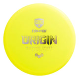 Yellow disc golf disc with 'Discmania' branding on a white background