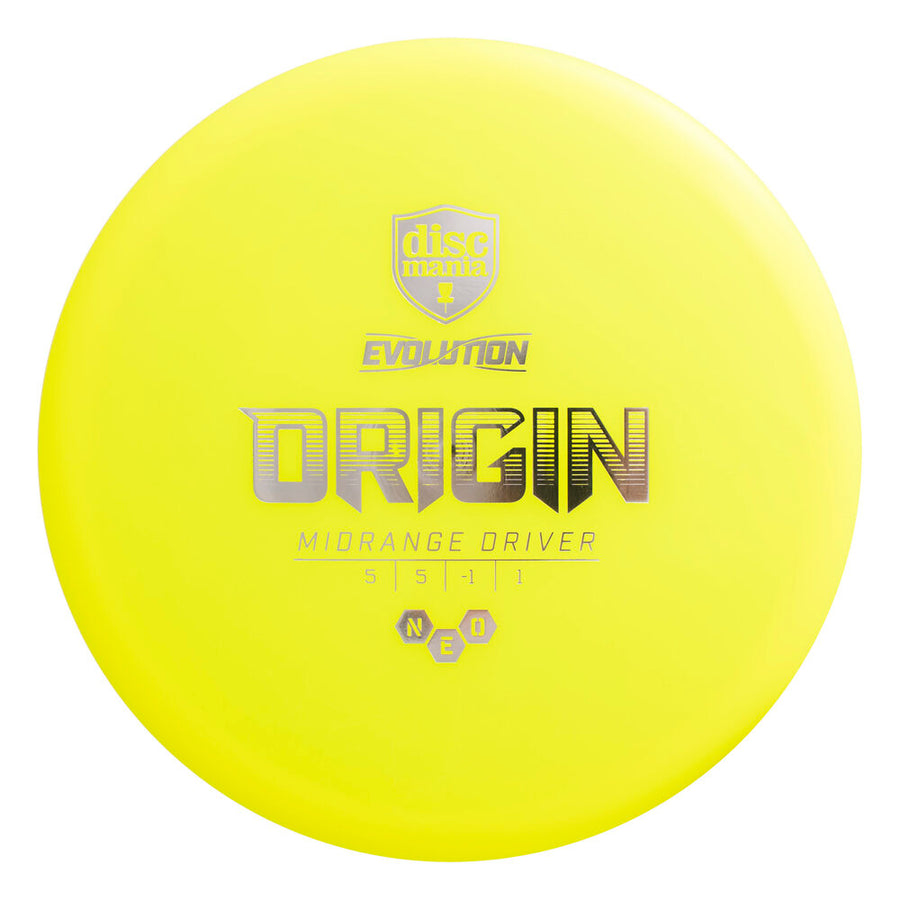 Yellow disc golf disc with 'Discmania' branding on a white background
