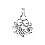 Line drawing of a wine bottle, two glasses, and grapes on a white background