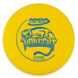 Yellow disc golf disc with 'Innova Disc Golf' and 'Polecat' branding on a white background