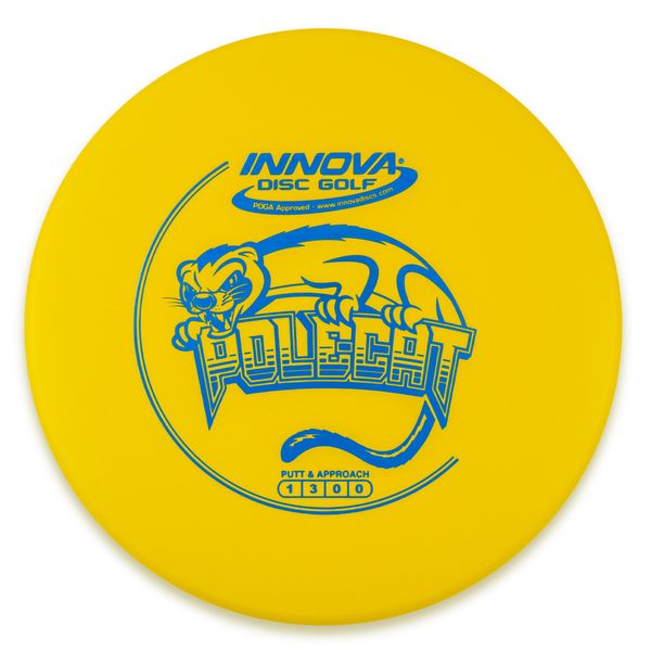 Yellow disc golf disc with 'Innova Disc Golf' and 'Polecat' branding on a white background