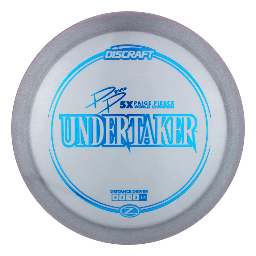 Discraft Undertaker disc golf disc with blue text on a white background