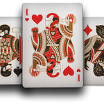 Three playing cards with decorative suits with Marvel avengers on a white background