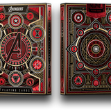 Two Marvel Avengers playing card decks with intricate designs on a white background