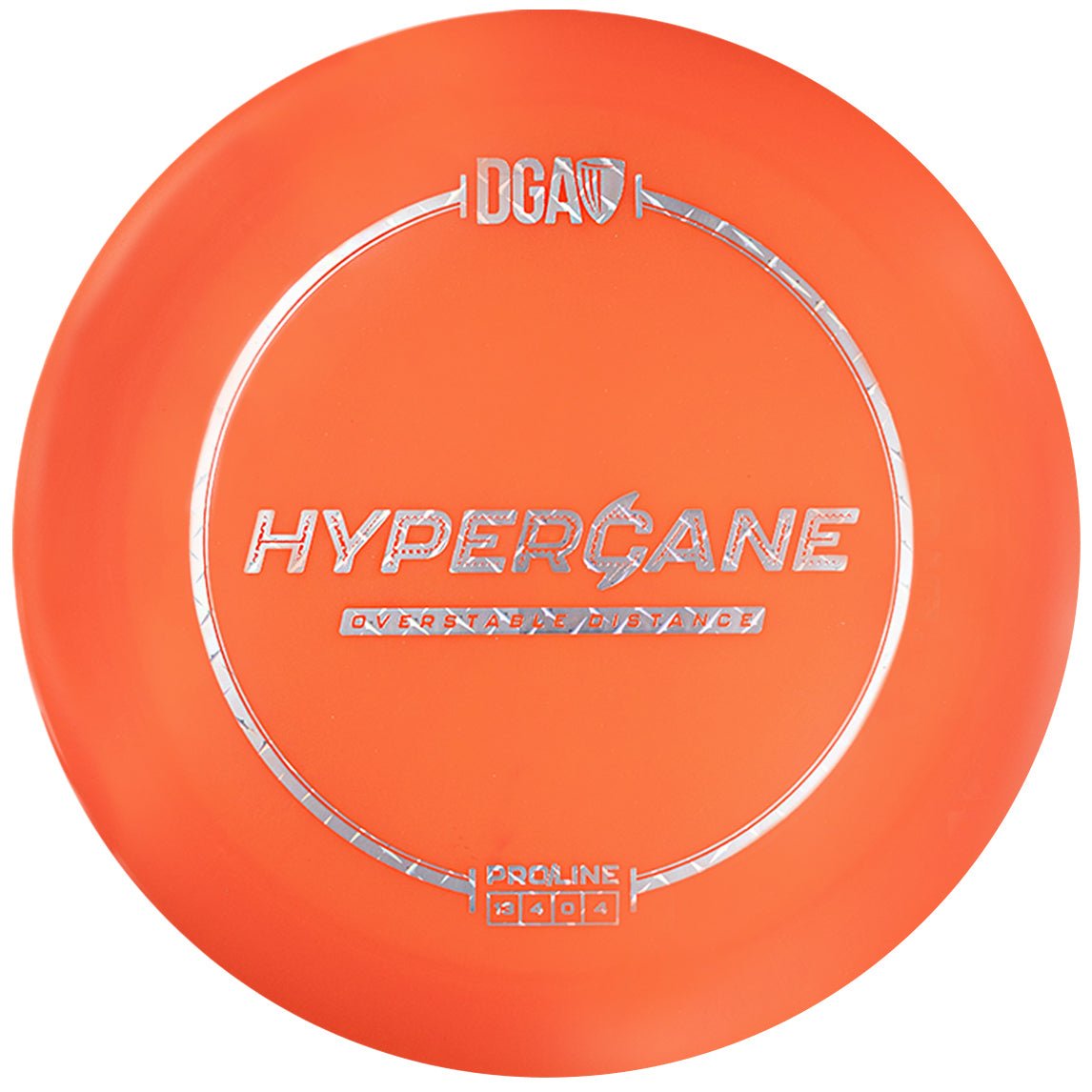 Orange disc golf disc with 'DGA HyperCane' branding on a white background