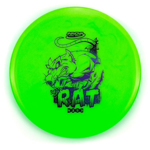 Green disc with black graphics and “rat” text on a white background