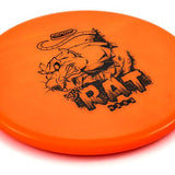 Orange disc with black graphics and “rat” text on a white background